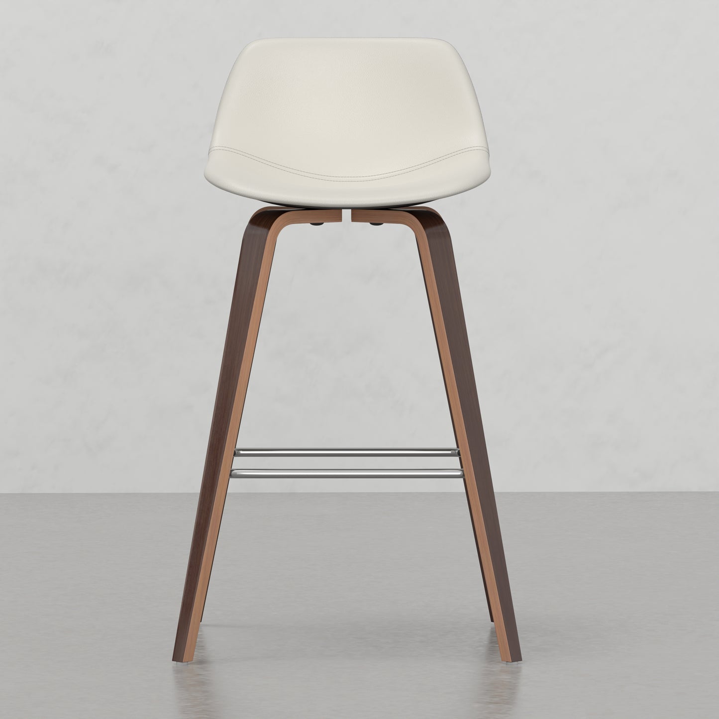 Cream faux leather swivel bar stool with contoured seat and wooden legs