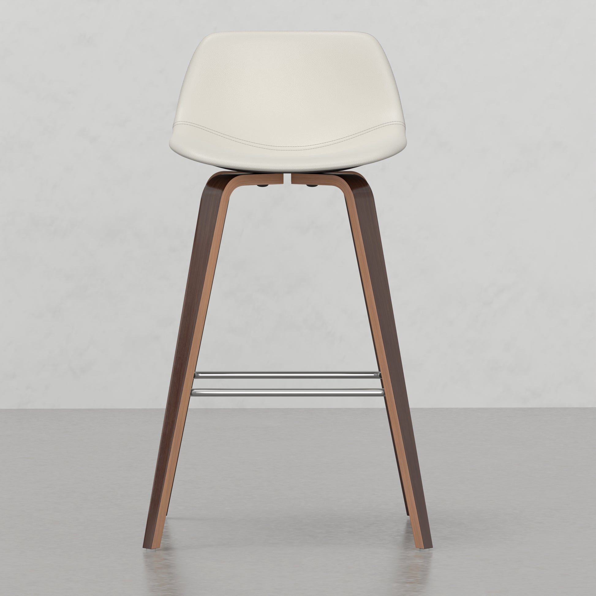 Cream faux leather swivel bar stool with contoured seat and wooden legs