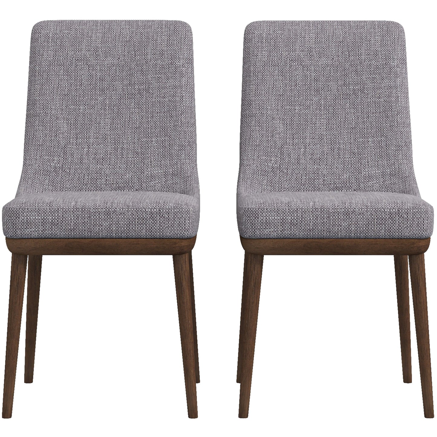 Two grey upholstered dining chairs with dark wood legs