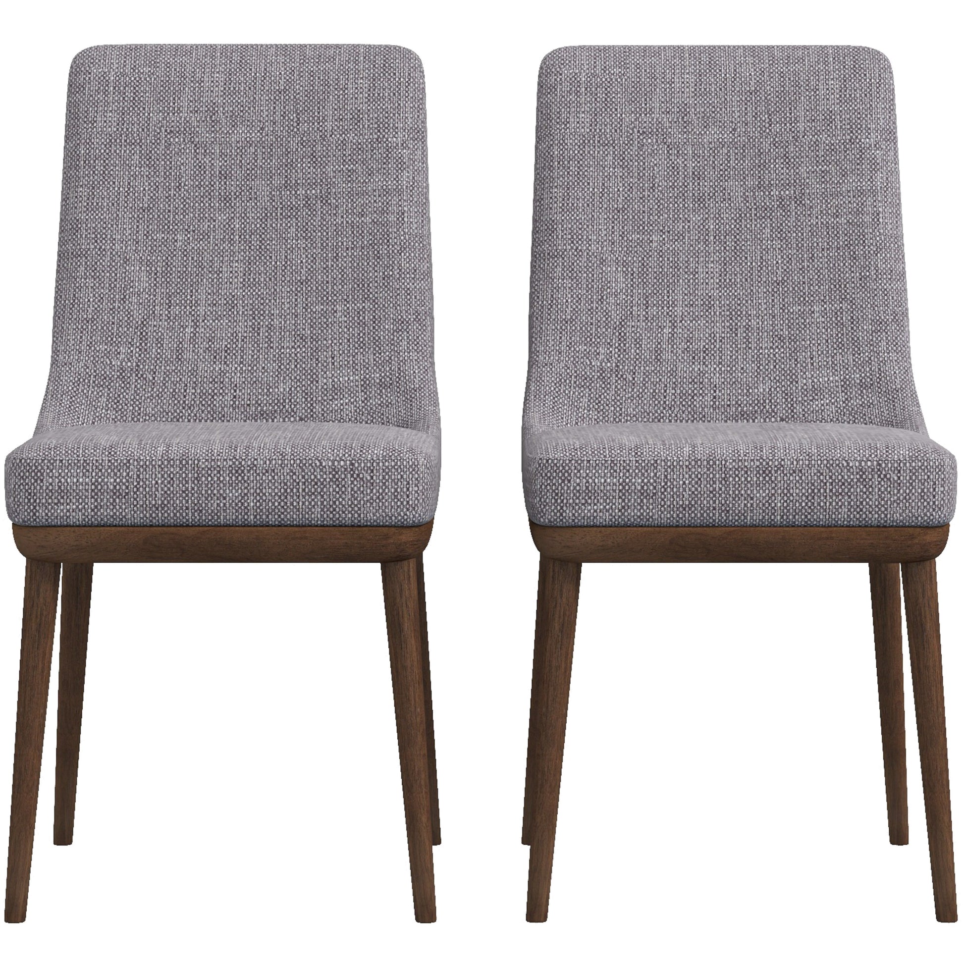 Two grey upholstered dining chairs with dark wood legs