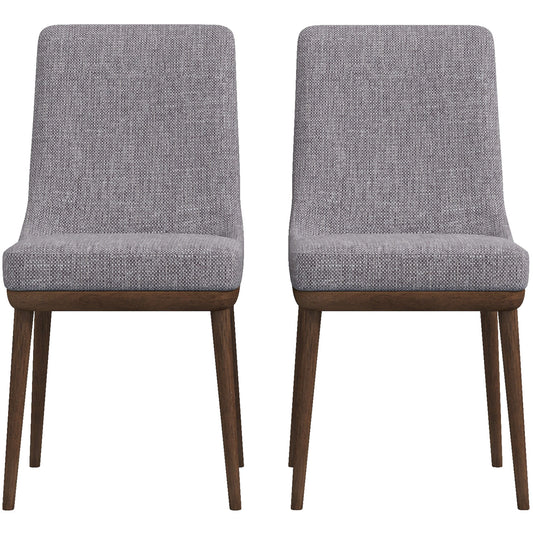 Two grey upholstered dining chairs with dark wood legs