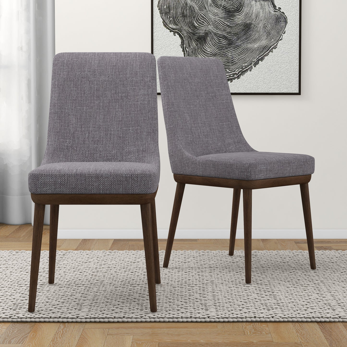 Gray fabric dining chair with dark wood legs midcentury modern design sold individually