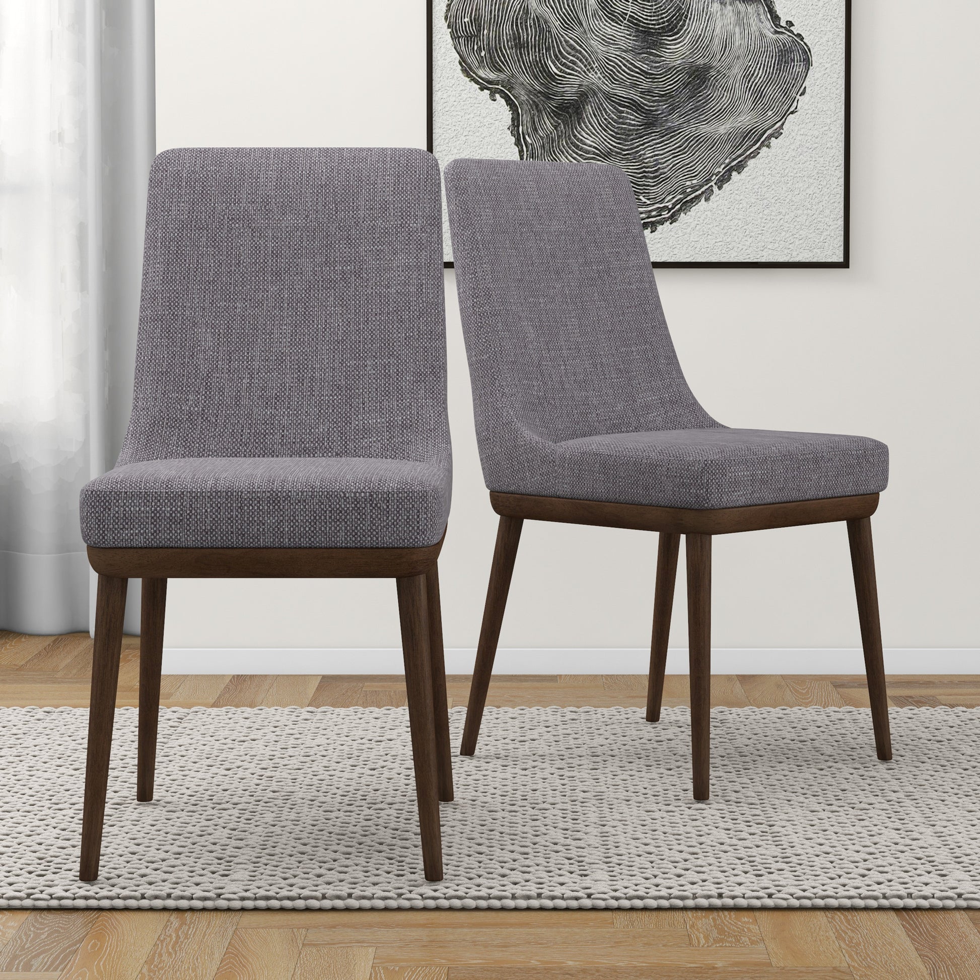 Gray fabric dining chair with dark wood legs midcentury modern design sold individually