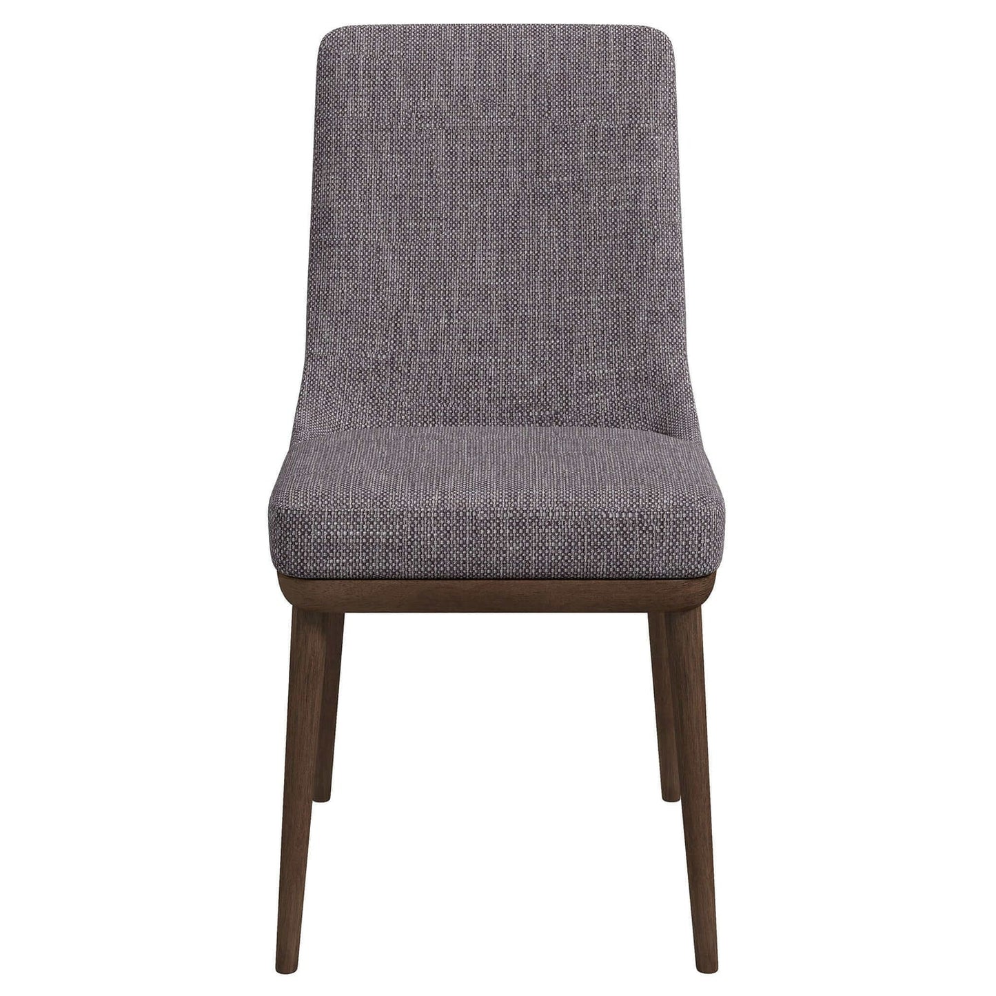 Modern upholstered dining chair in grey textured fabric with dark wood legs