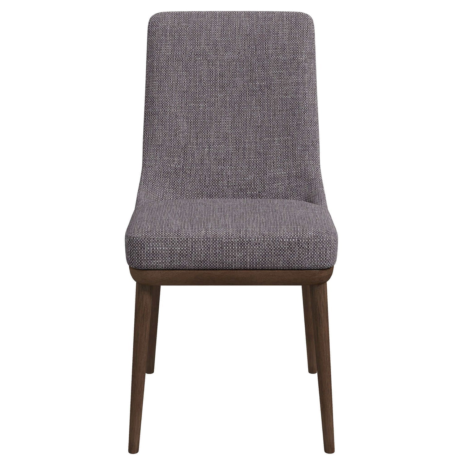 Modern upholstered dining chair in grey textured fabric with dark wood legs