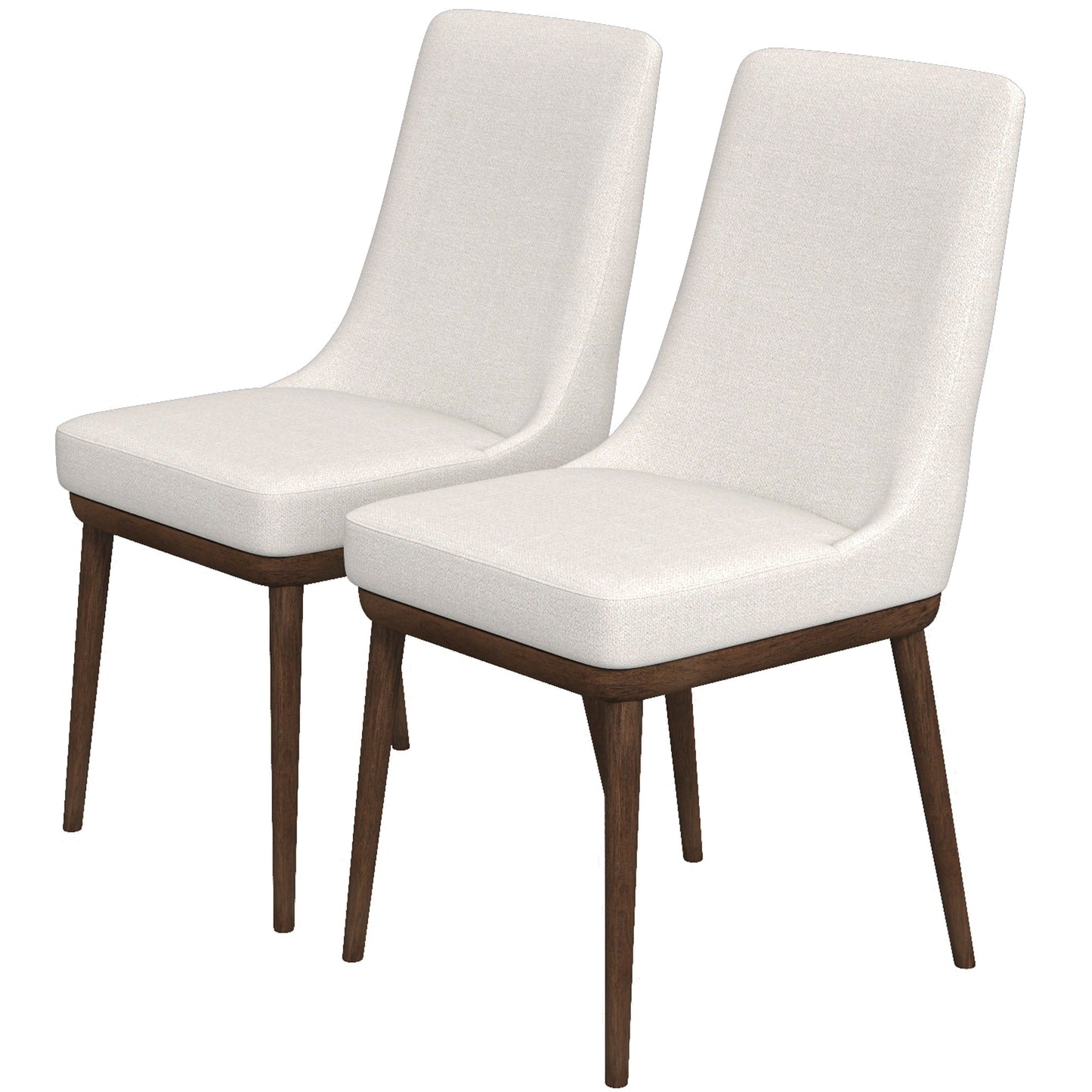 Two cream fabric dining chairs with dark wood legs