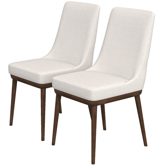 Two cream fabric dining chairs with dark wood legs