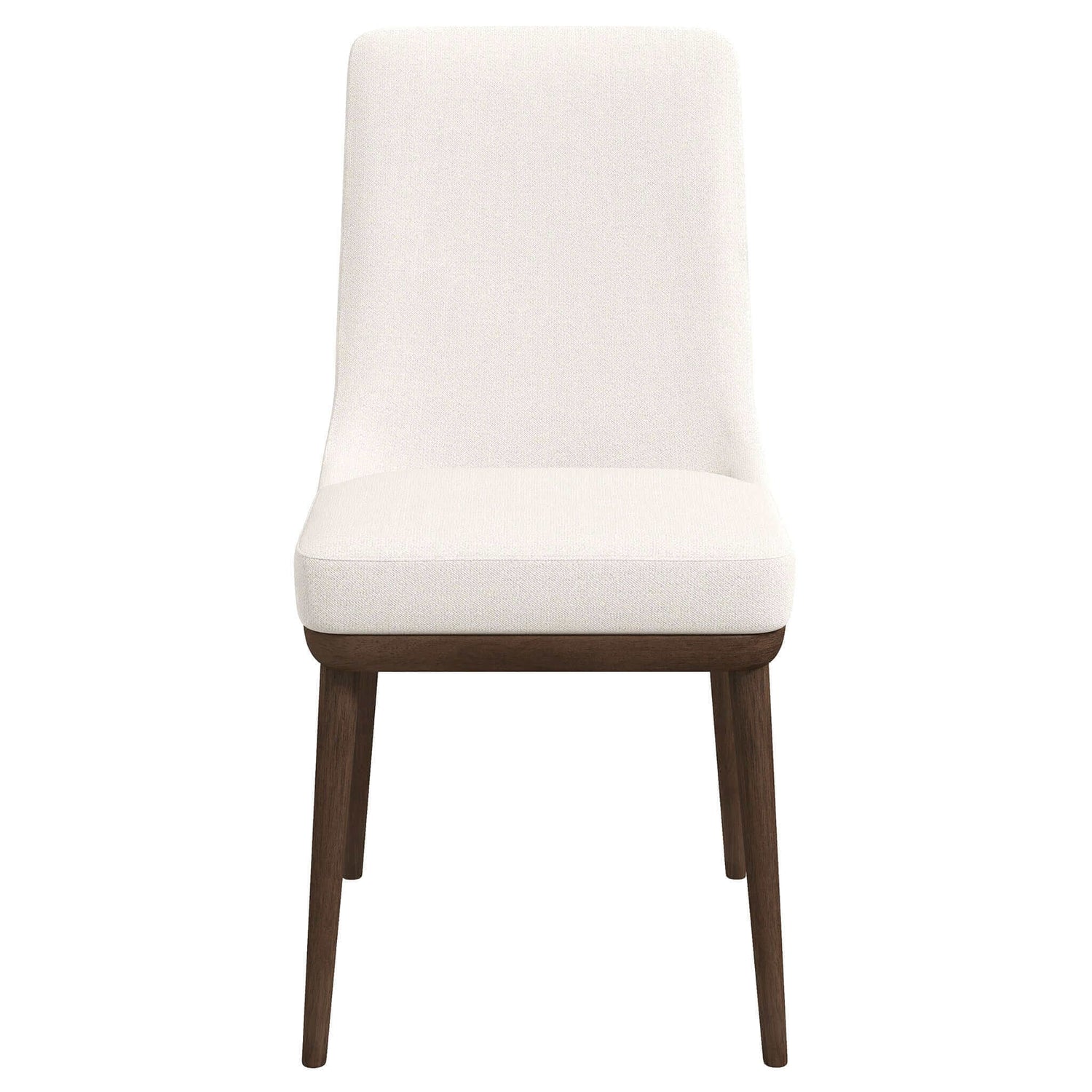 Upholstered dining chair in cream fabric with dark wood legs