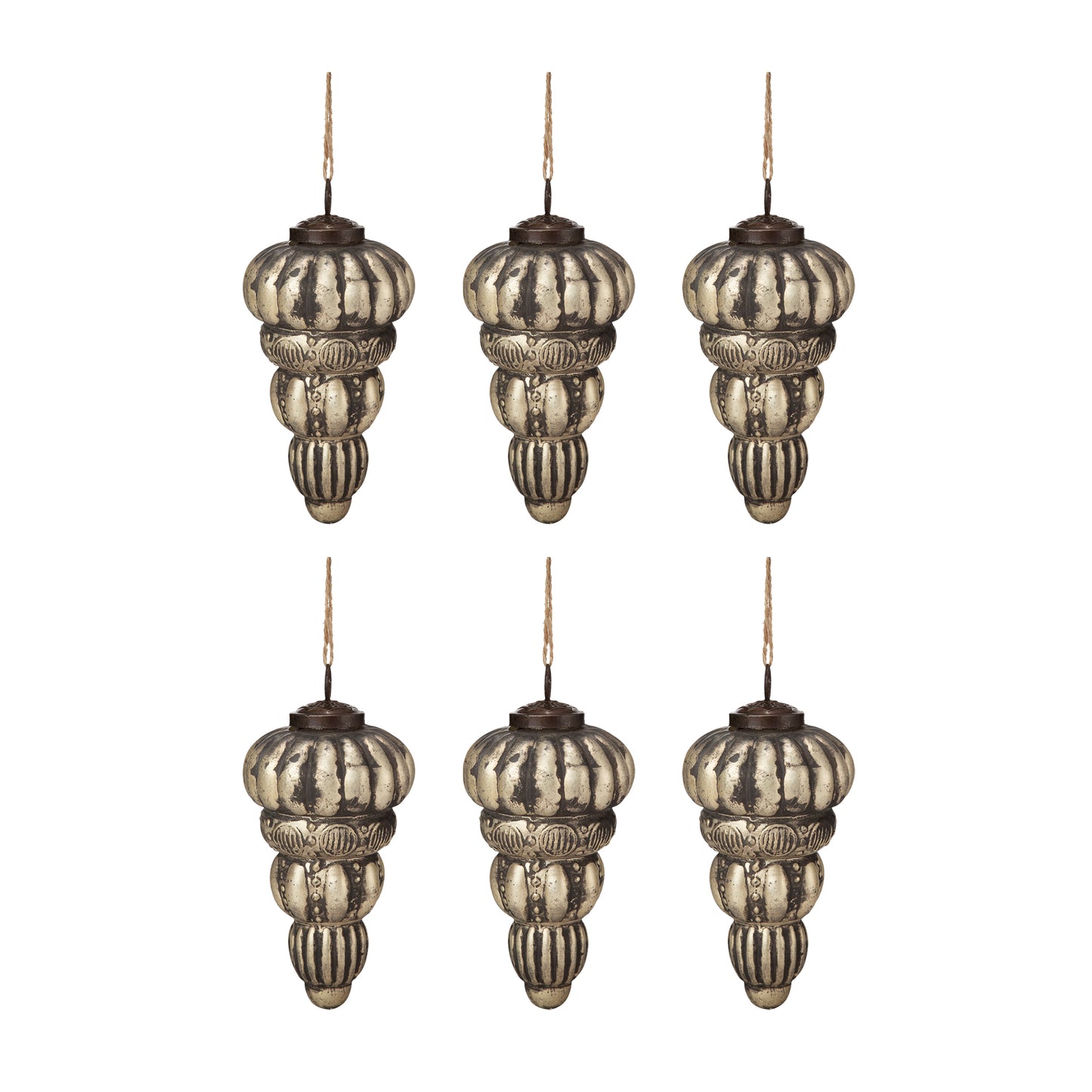 Six antique silver finial ornaments with ribbed and beaded sections