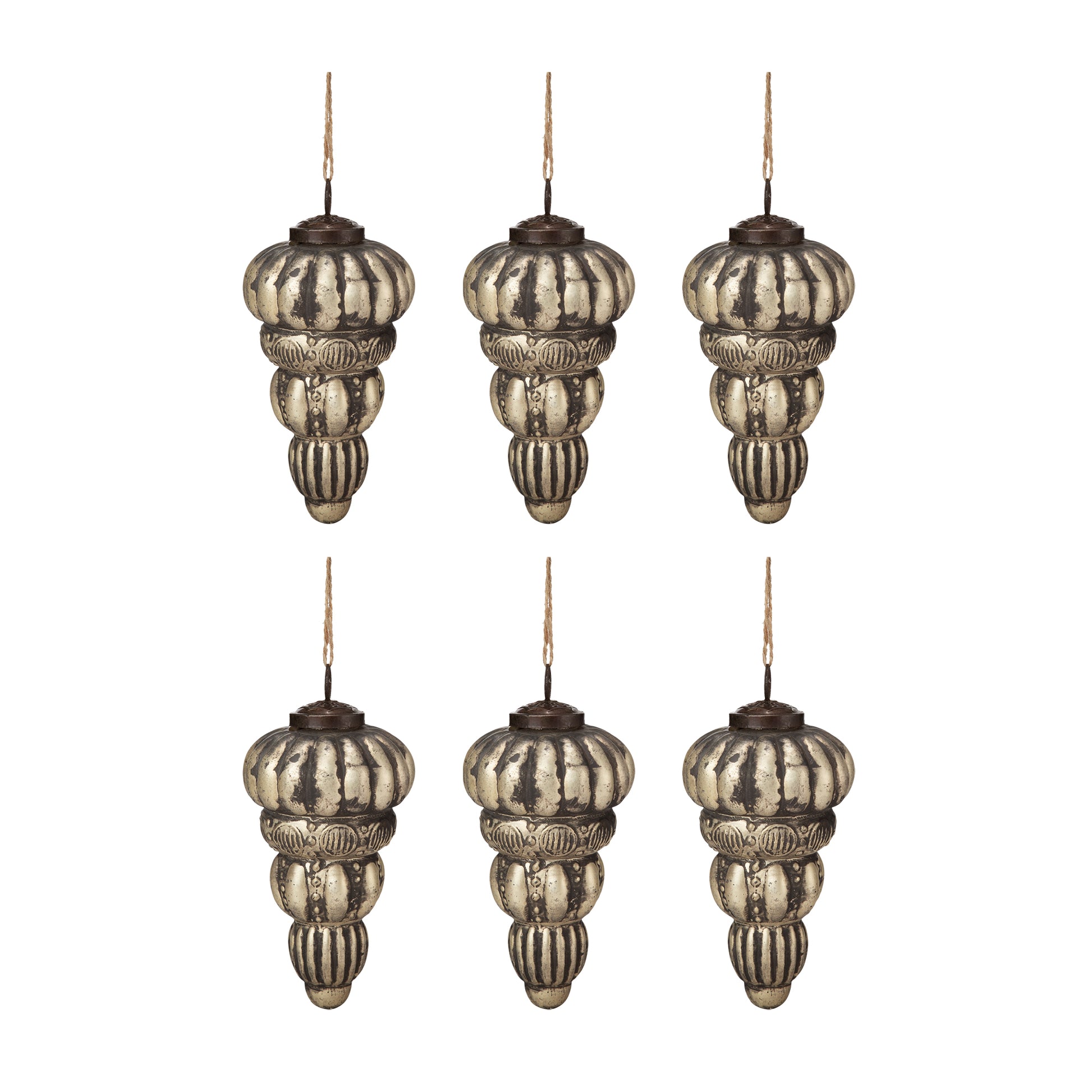 Six antique silver finial ornaments with ribbed and beaded sections