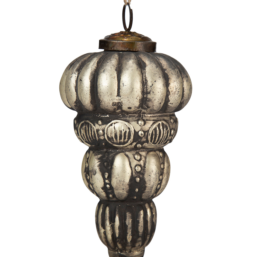 Antique silver glass finial ornament with ribbed details and decorative band