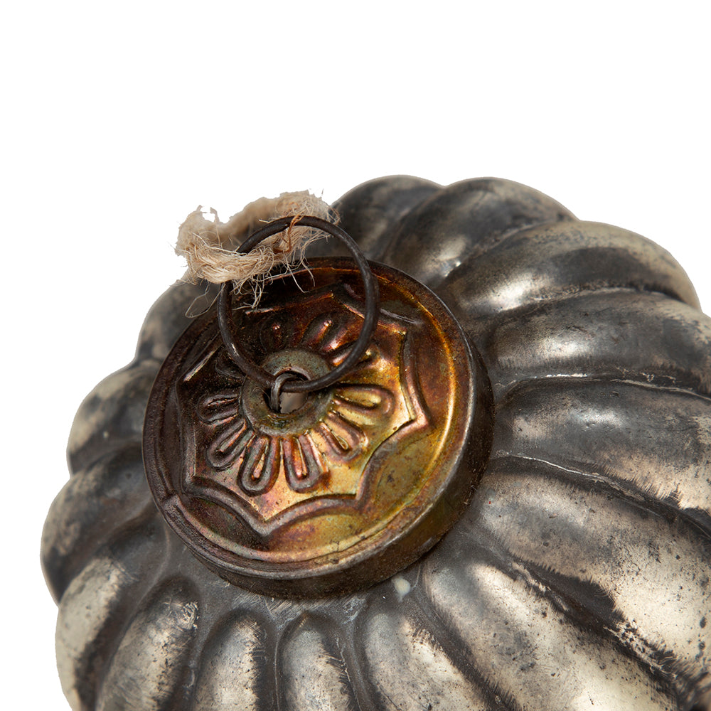 Antique silver ribbed glass Christmas ornament with decorative gold cap and twine