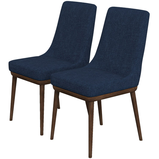 Pair of navy blue fabric dining chairs with dark wood legs