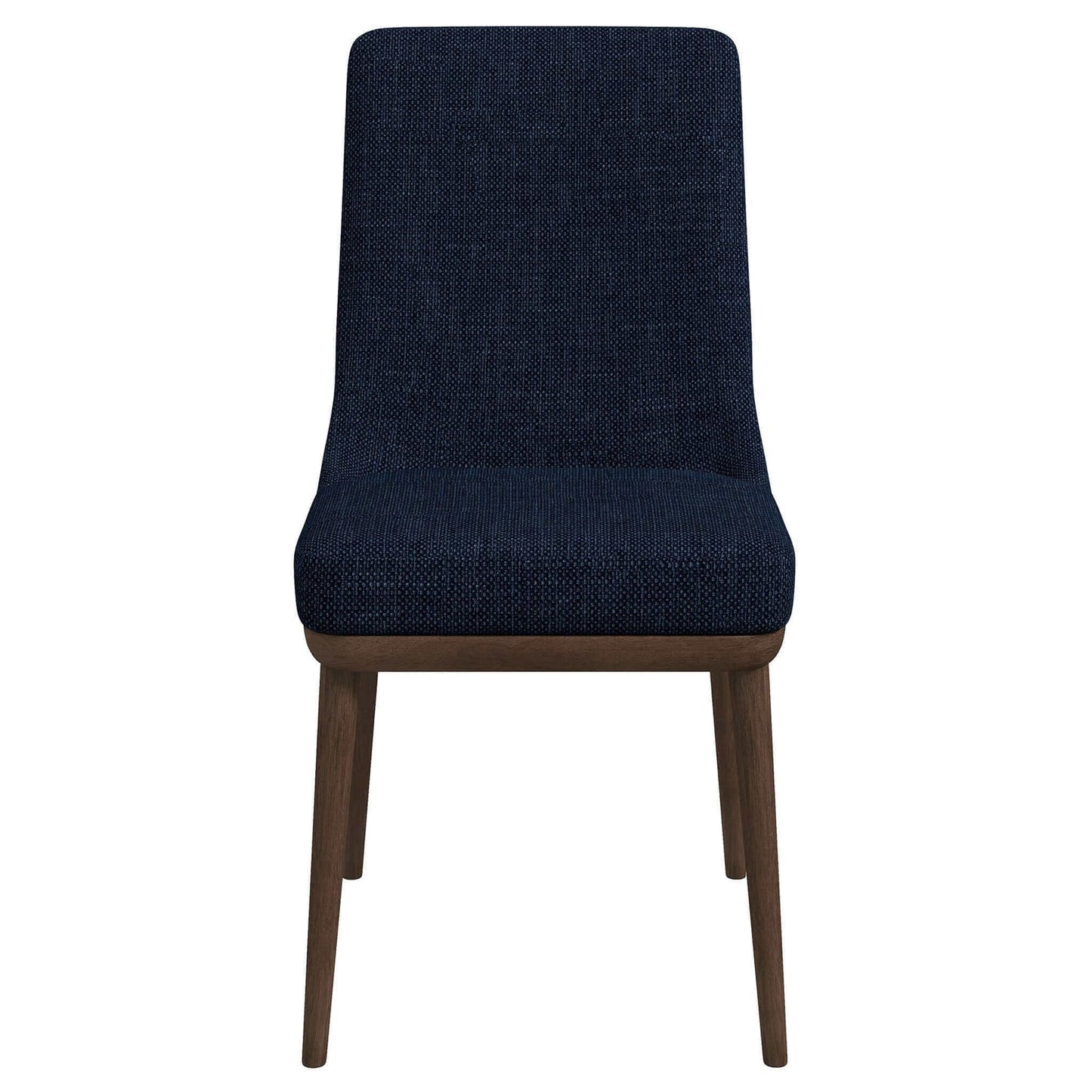 Navy blue upholstered dining chair with dark wood legs modern design