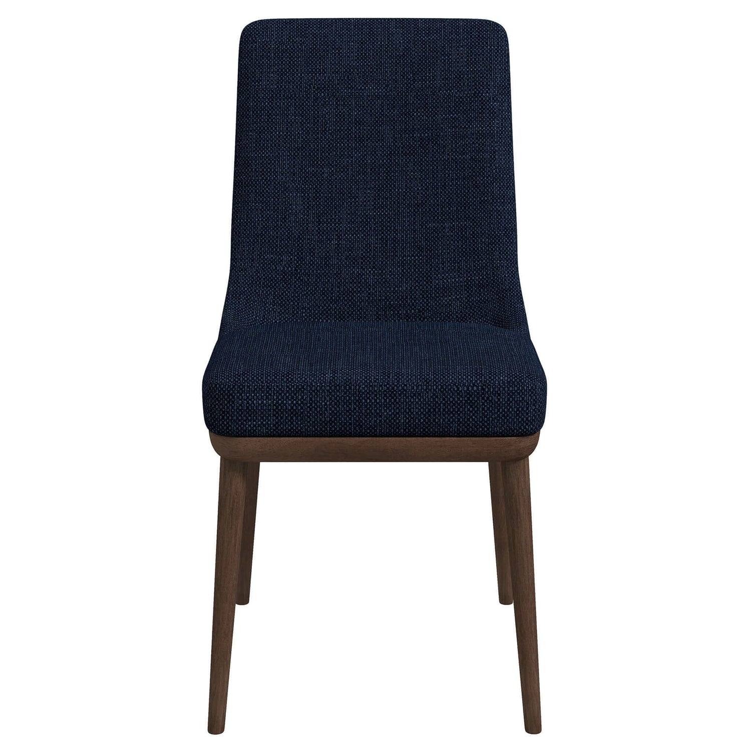 Navy blue upholstered dining chair with dark wood legs modern design