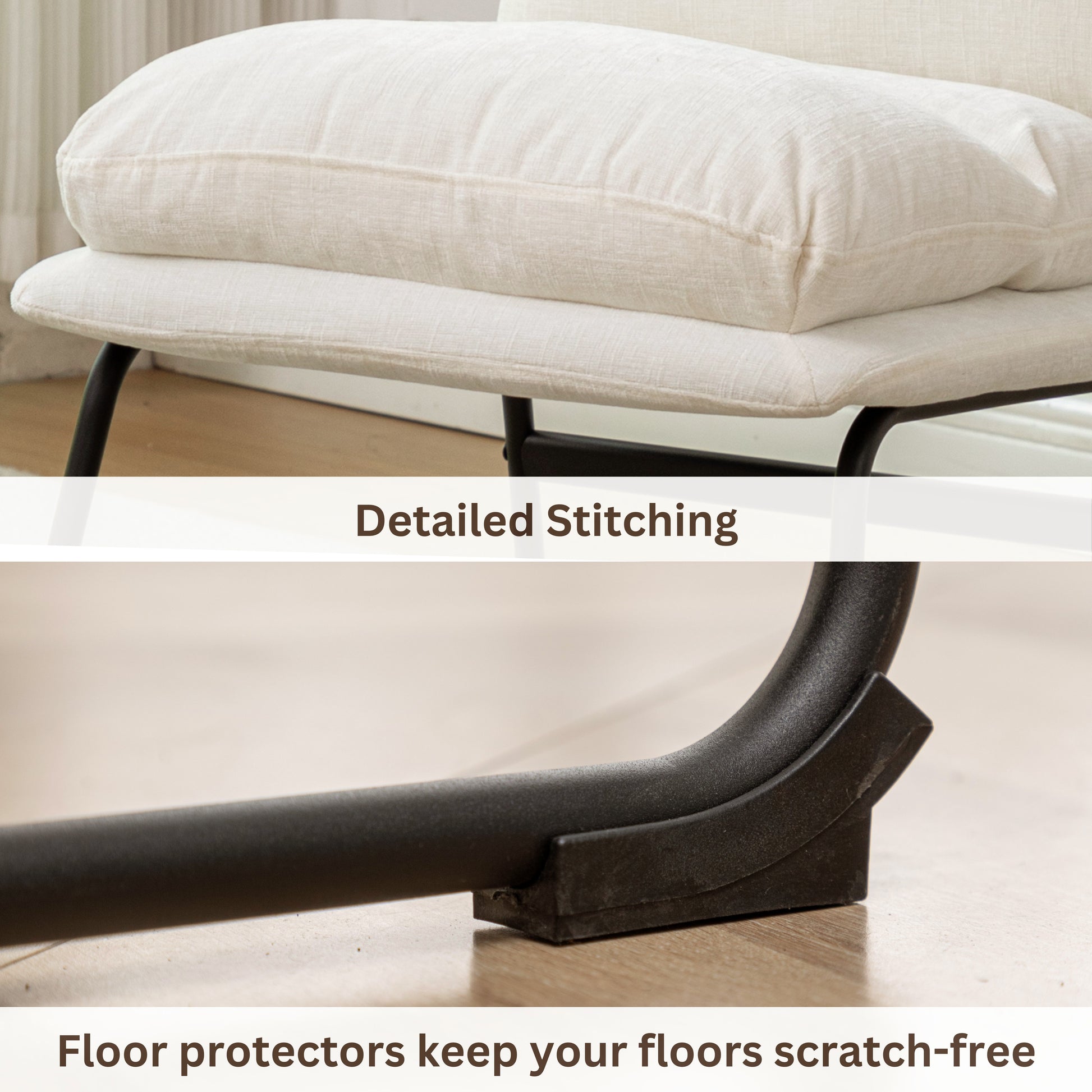 Closeup of offwhite linen seat cushion with detailed stitching showcasing craftsmanship for home decor