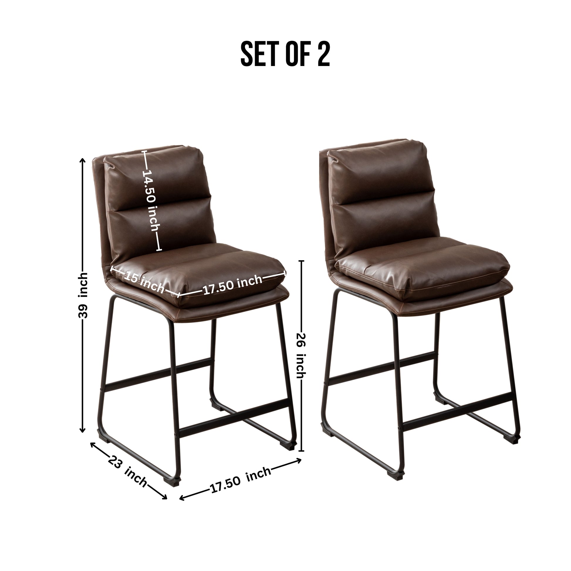 Brown faux leather bar stools with padded seats and backs set of