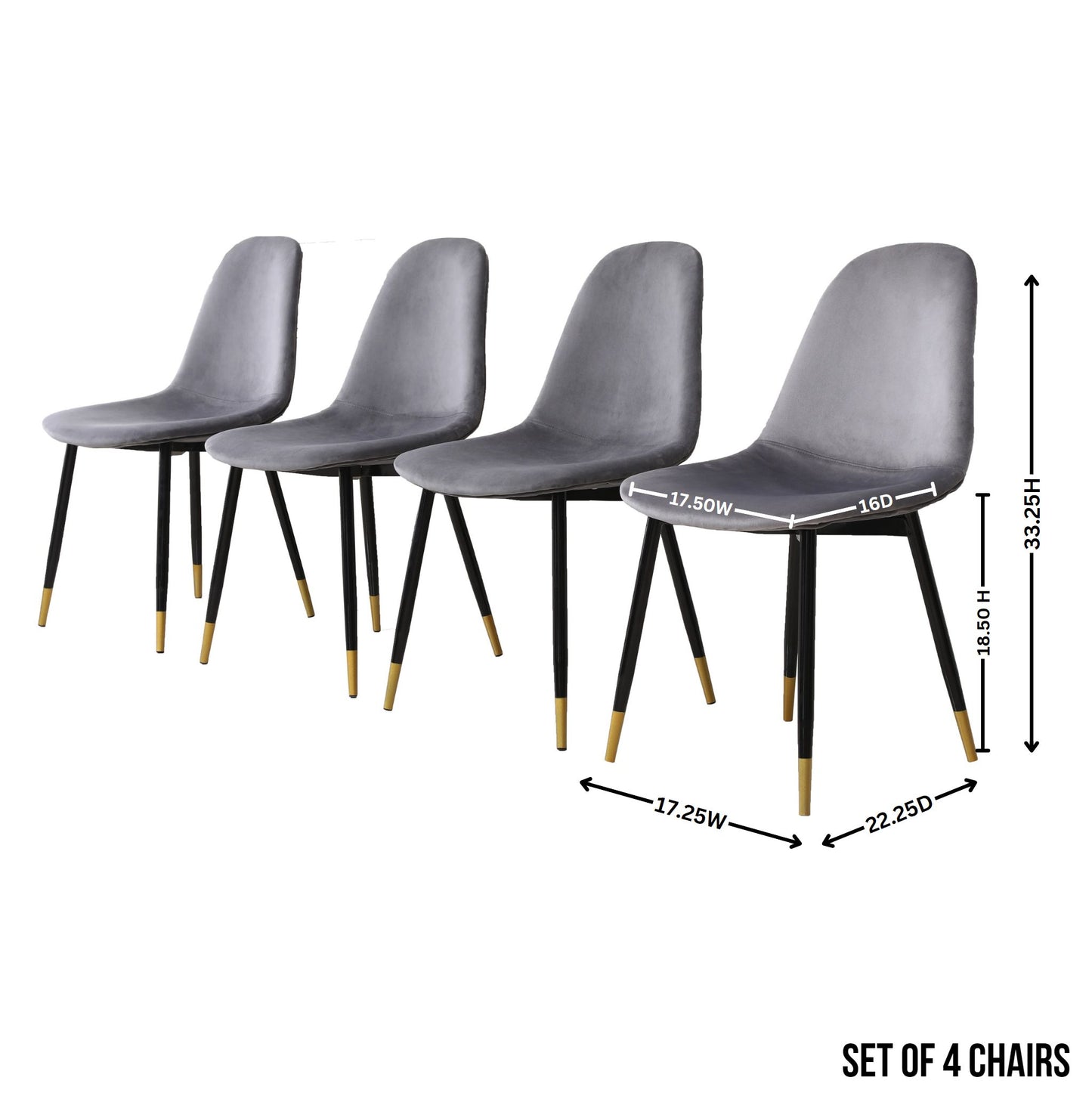 Set of  grey velvet dining chairs with black legs and gold accents