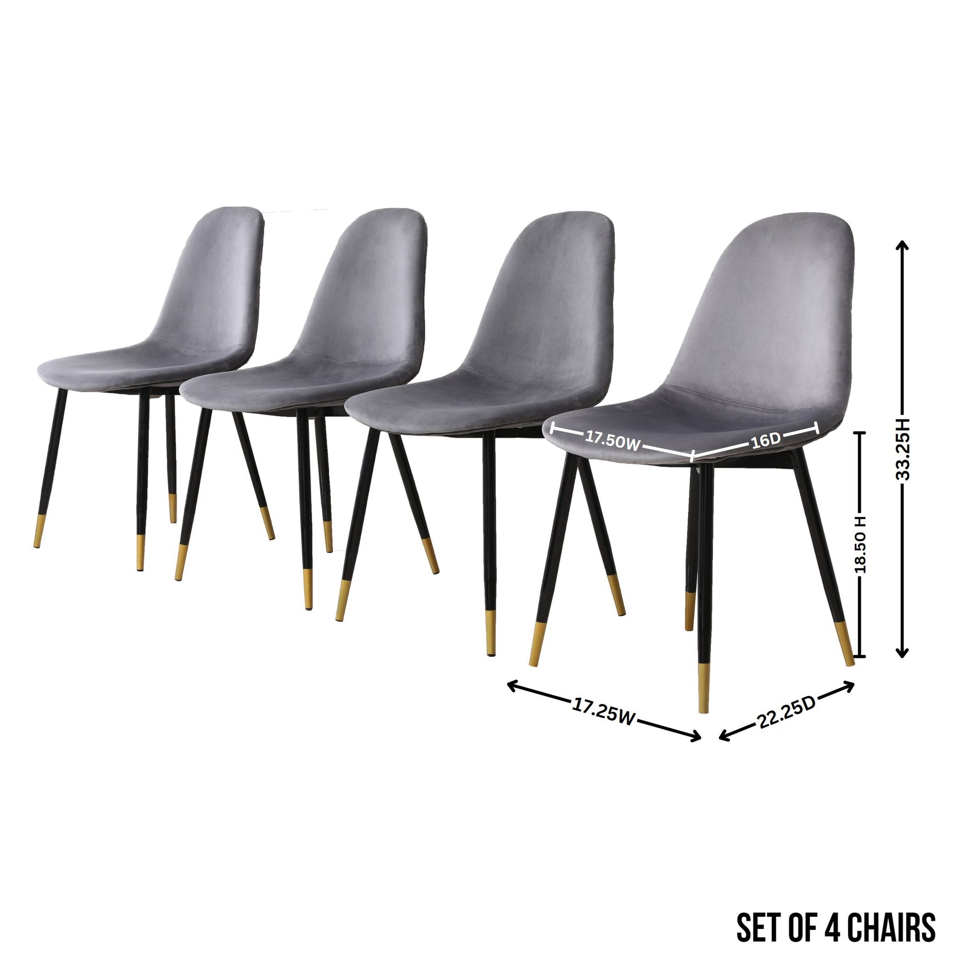 Set of  grey velvet dining chairs with black legs and gold accents