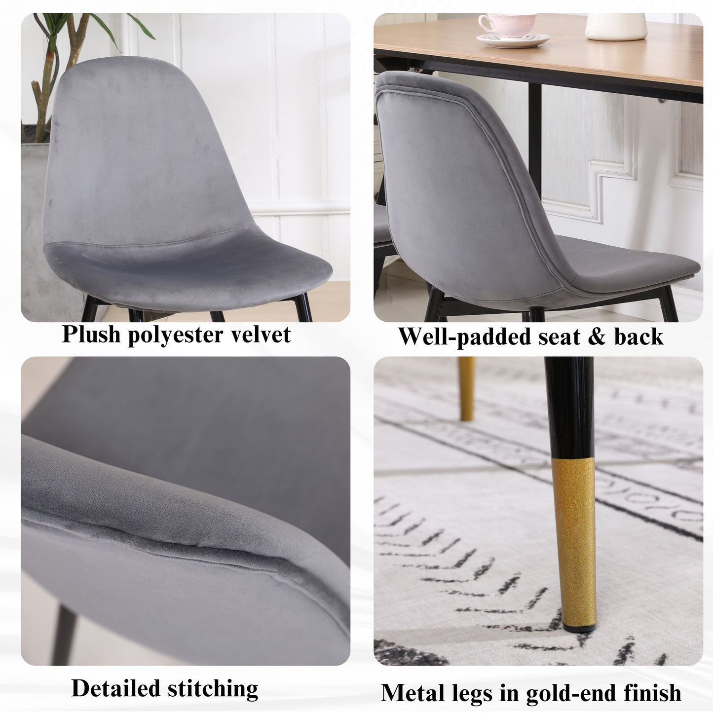Plush gray polyester velvet dining chair with padded seat and back