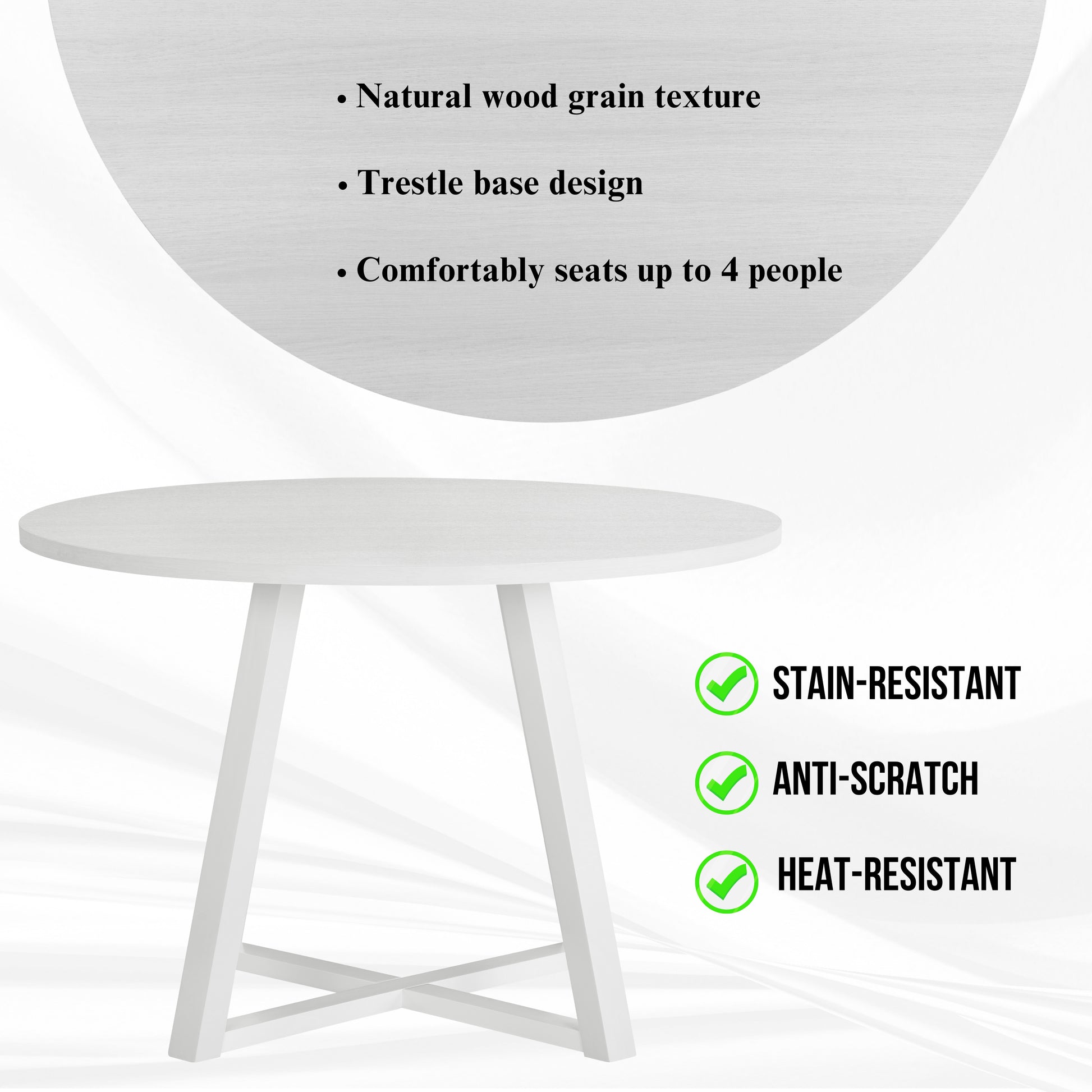 White round dining table with natural wood grain texture and trestle base