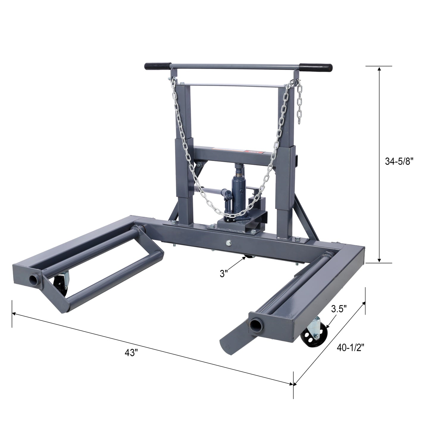 Heavyduty gray motorcycle lift stand with hydraulic jack and swivel casters for easy maneuverability