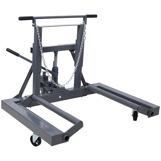 Gray hydraulic motorcycle jack with dual lifting arms for stable garage use