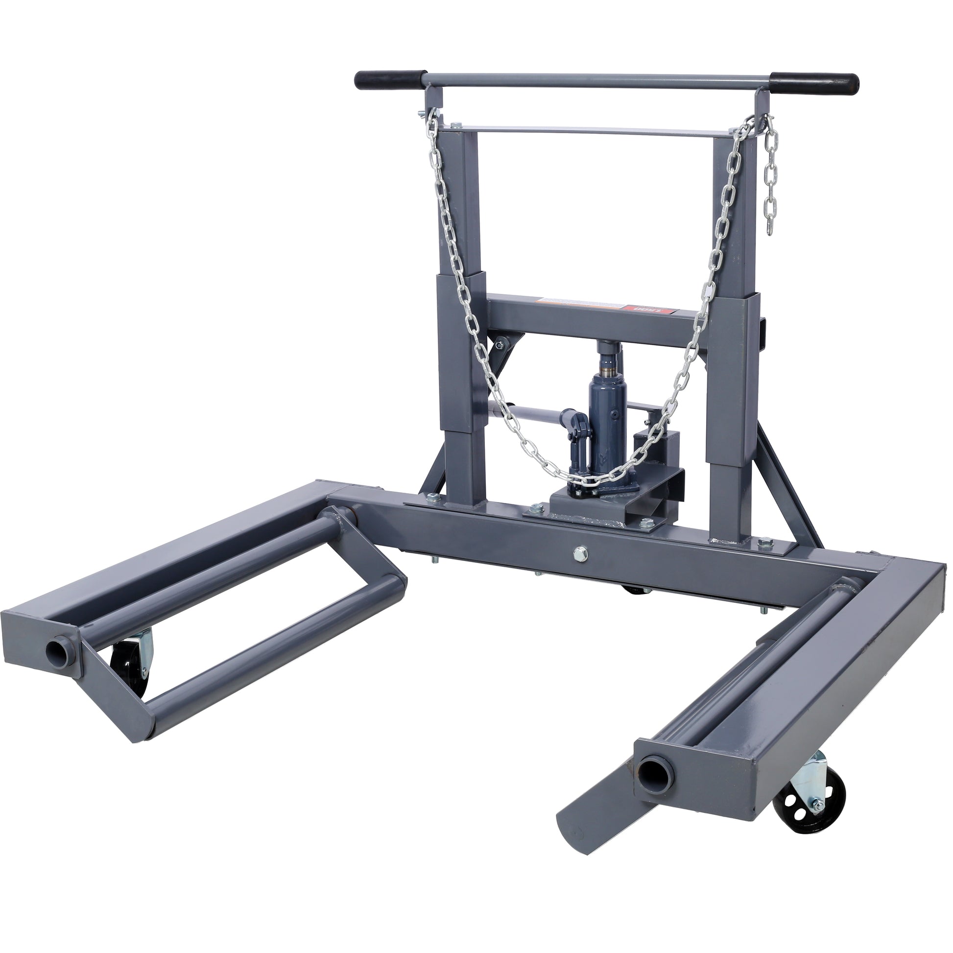 Gray metal car dolly with a hydraulic lift for moving vehicles
