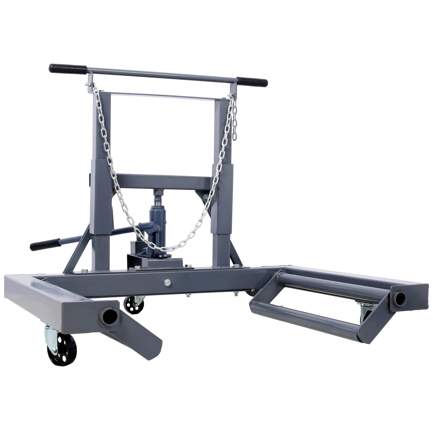 Gray heavyduty car tire dolly with rubber handles and hydraulic jack