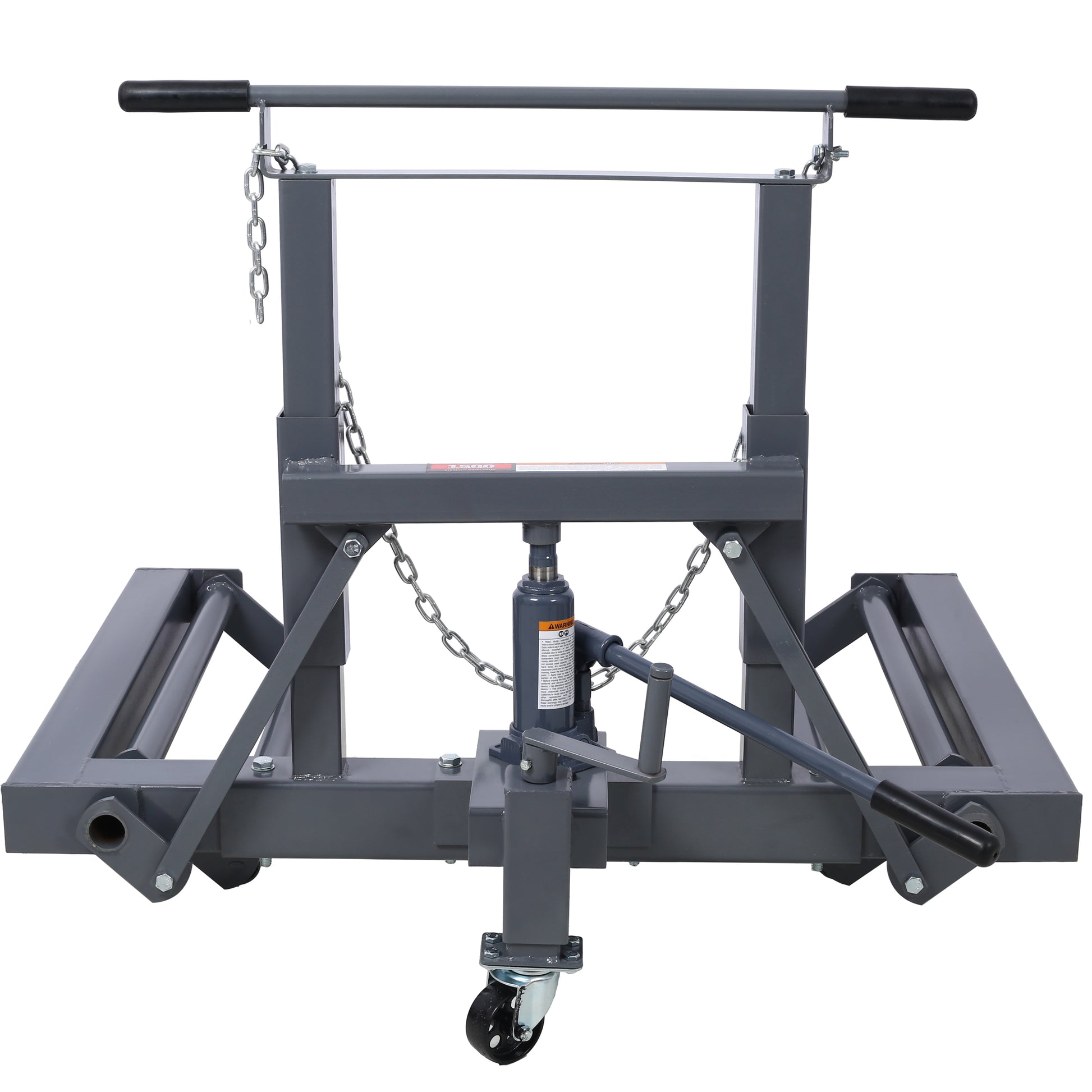Heavyduty grey steel transmission jack with adjustable height and rolling base for car repair