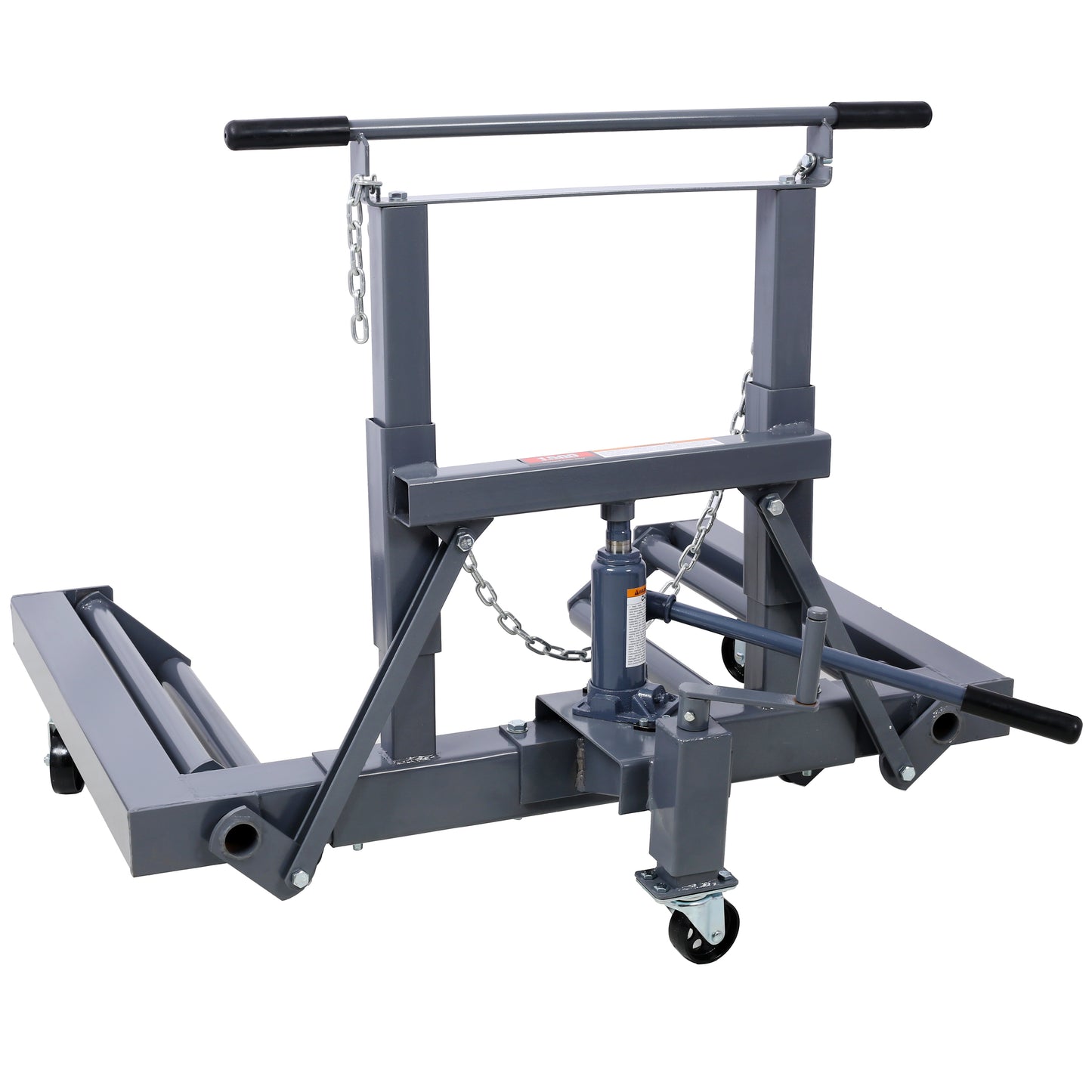 Heavyduty gray transmission jack with hydraulic lift and caster wheels for automotive repair