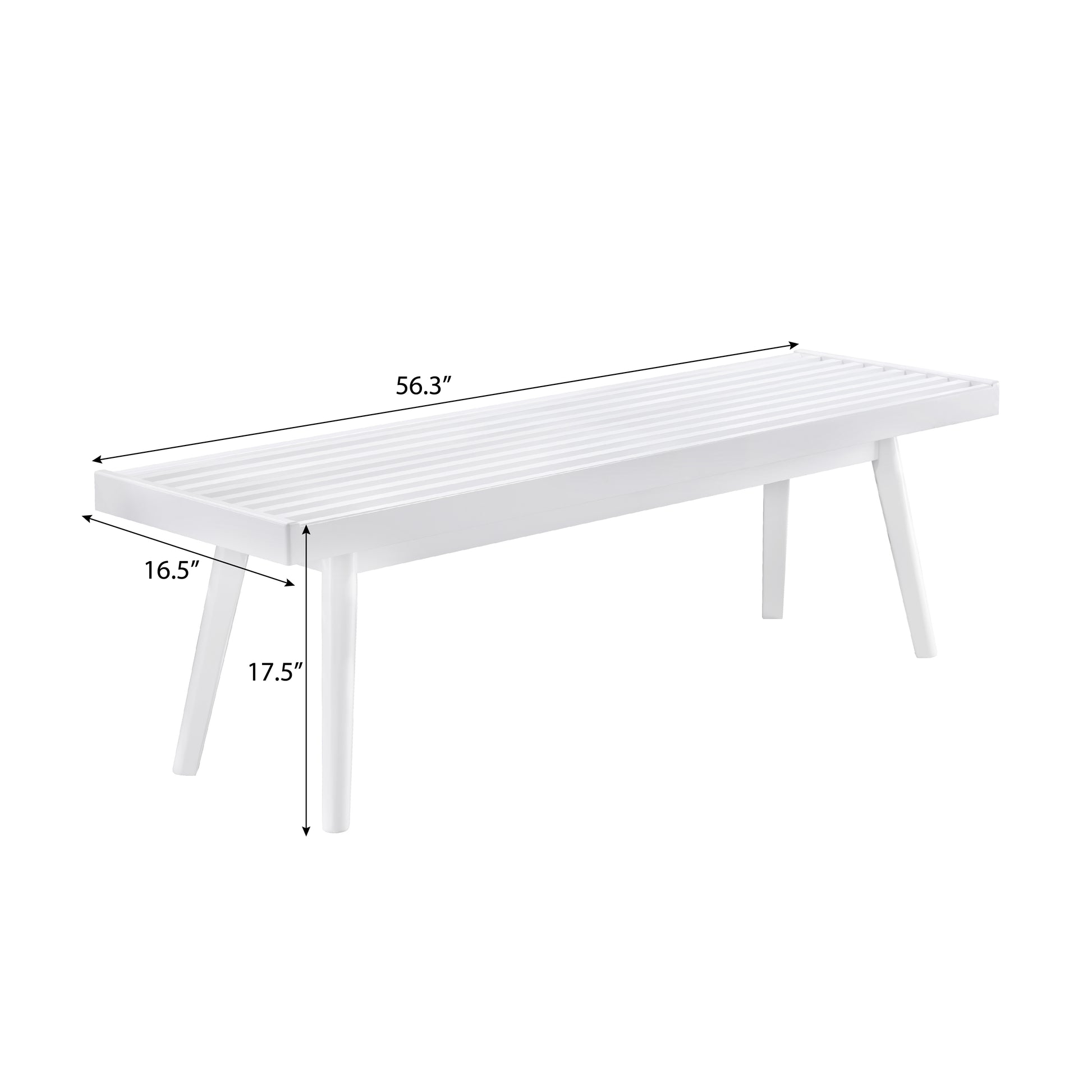 White slat bench with midcentury modern tapered legs