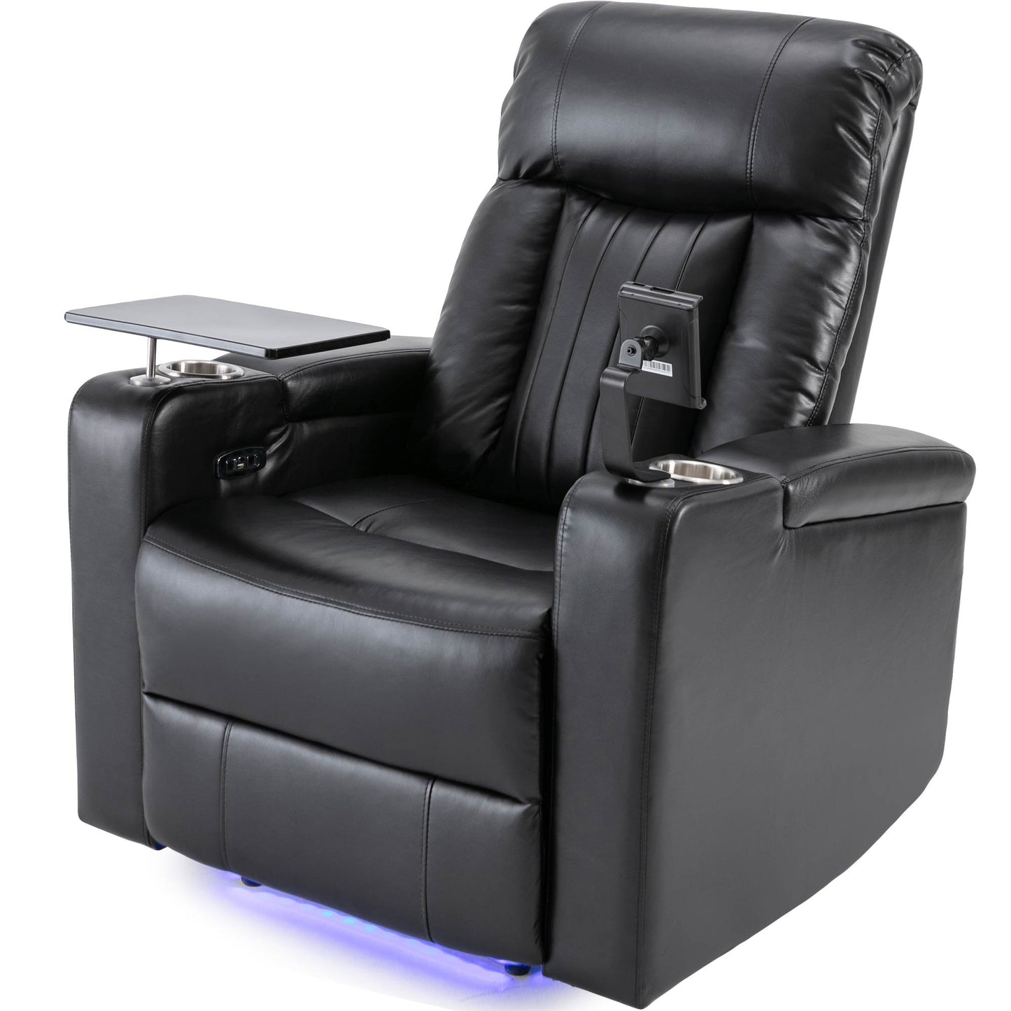 Black leather theater recliner with tray cup holder and tablet mount