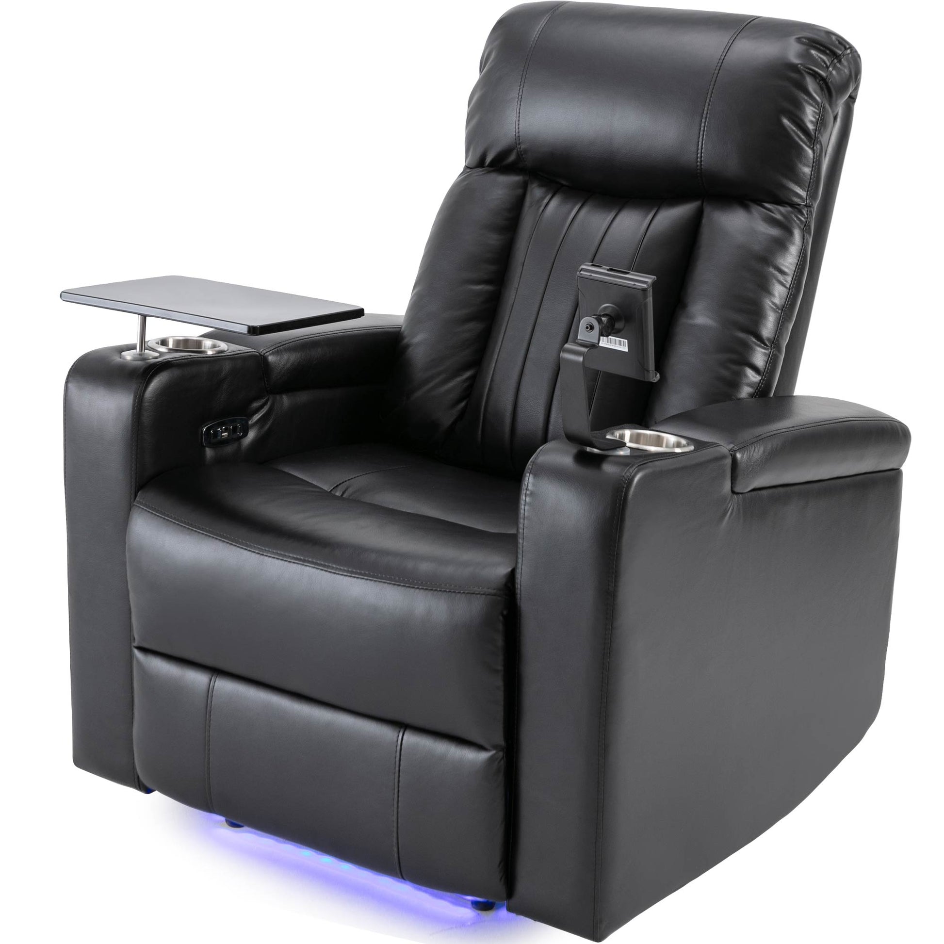 Black leather theater recliner with tray cup holder and tablet mount