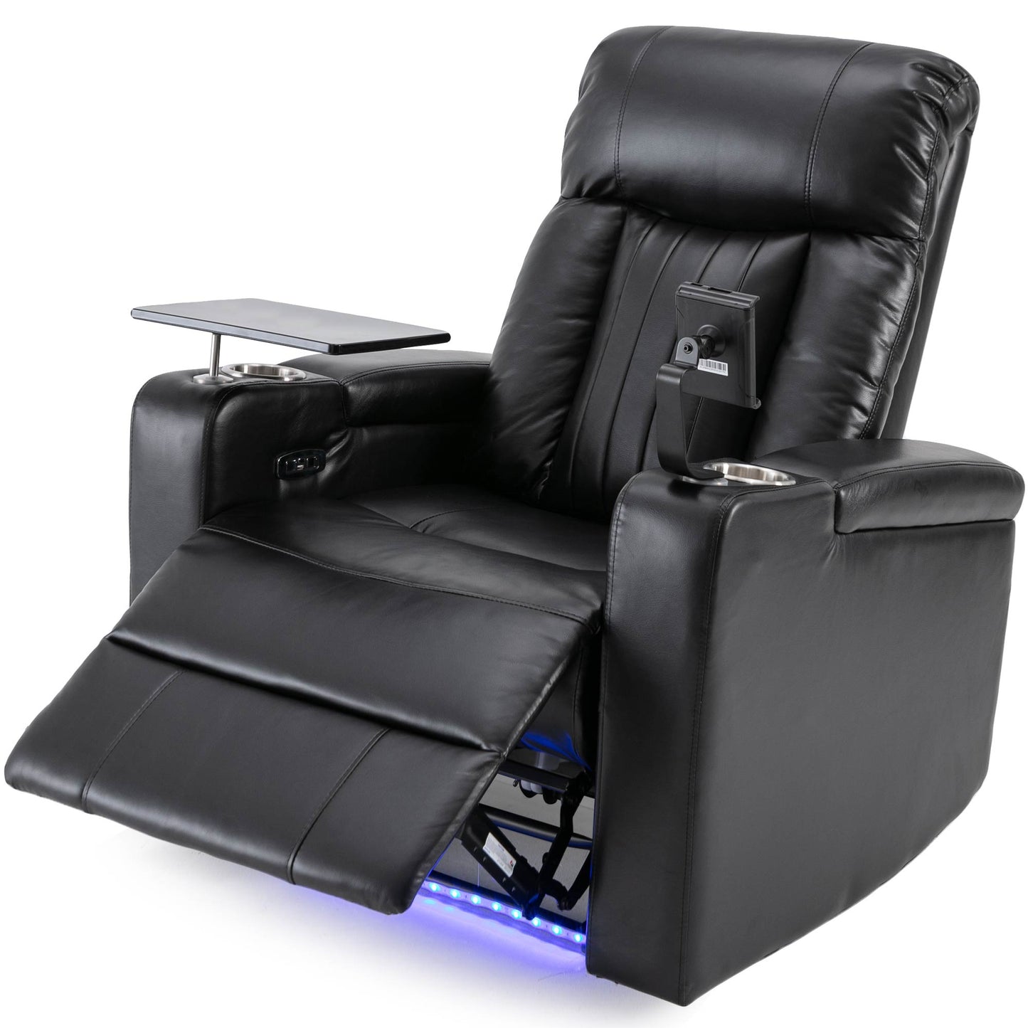 Black leather recliner with tray cup holder and blue LED lighting