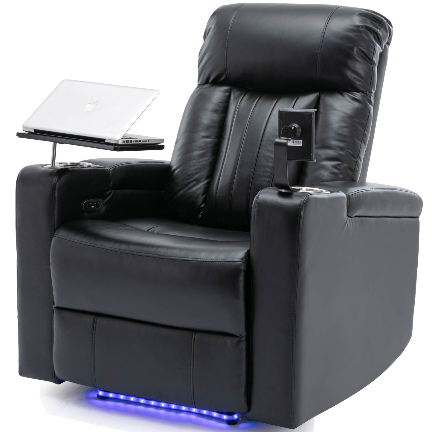 Black leather power recliner with builtin laptop tray cup holders and LED lighting