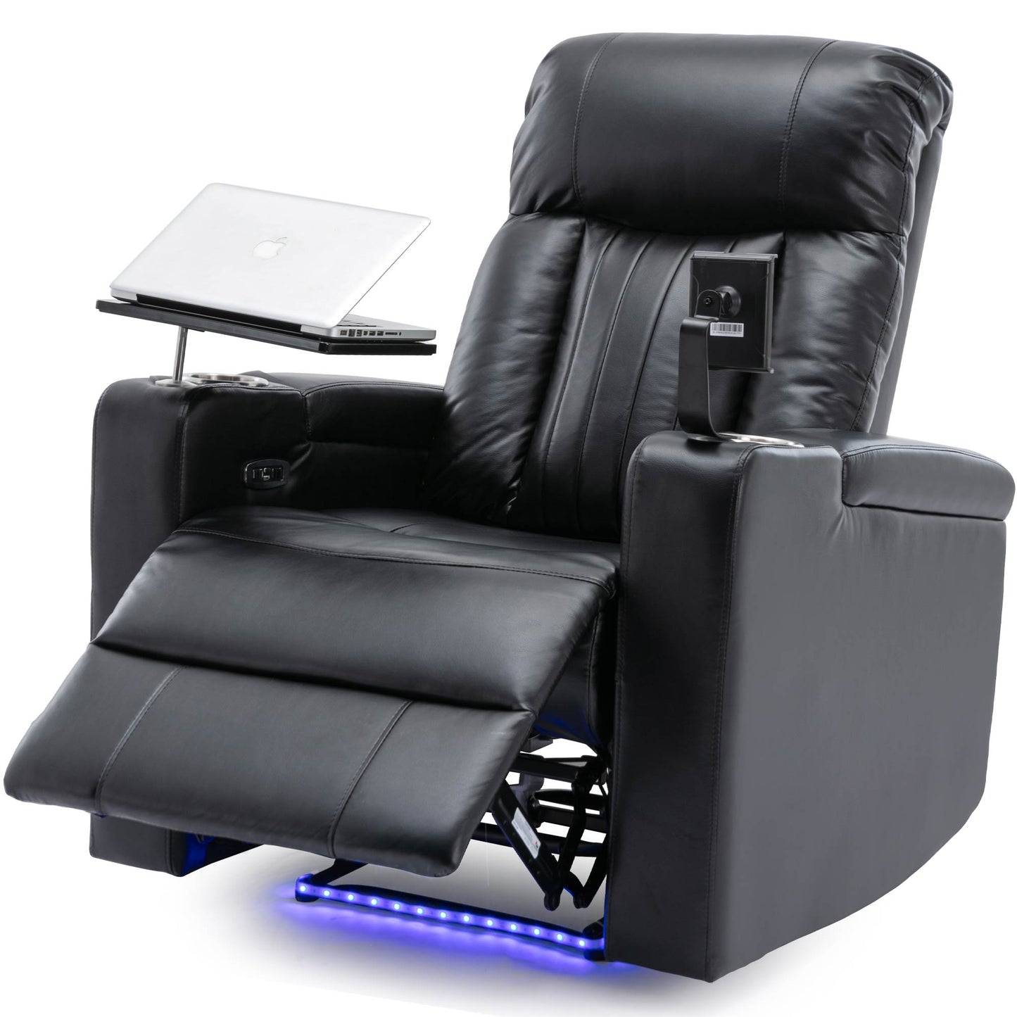 Black leather recliner with laptop tray and cup holder features ambient LED lighting