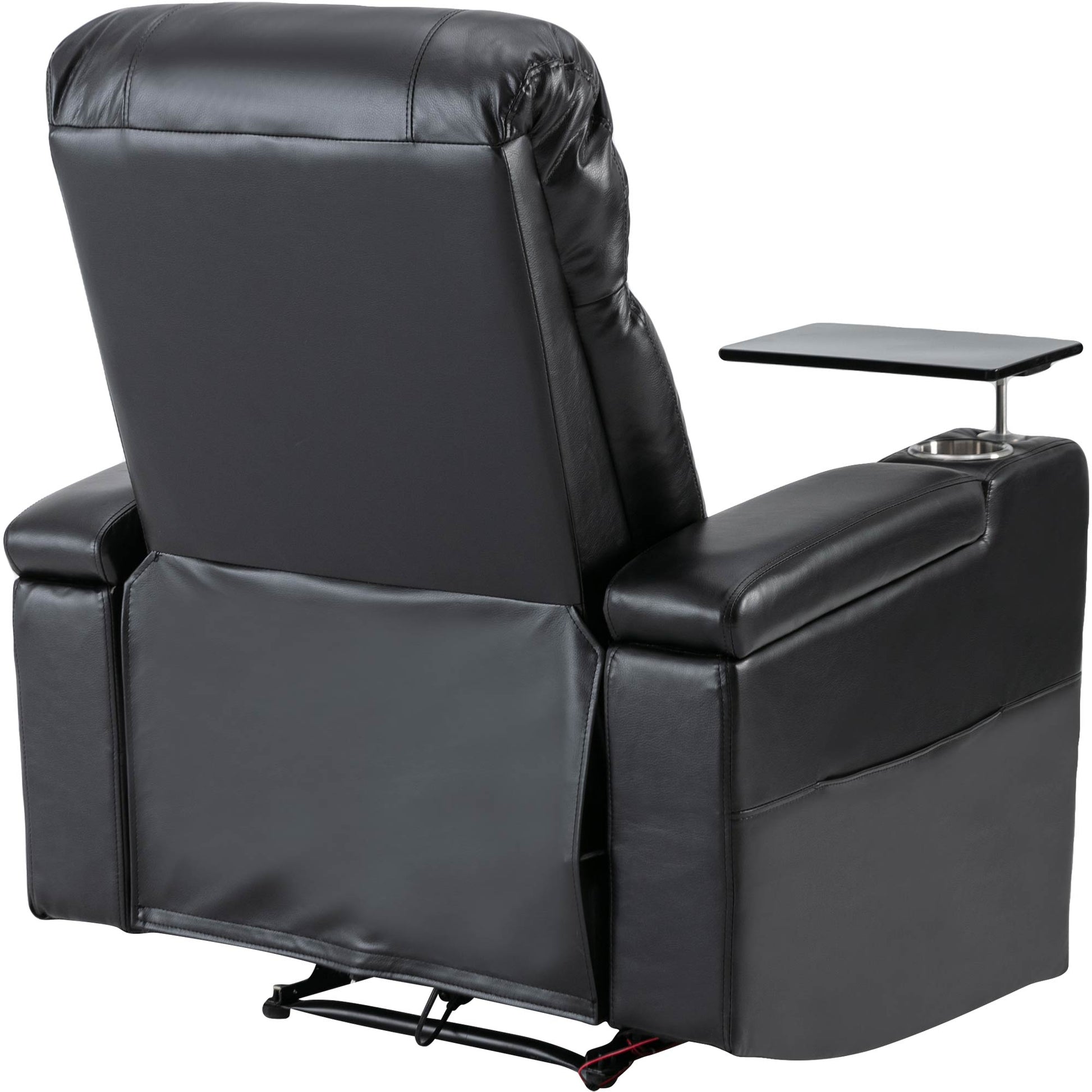 Black leather recliner chair with builtin tray and cup holder for home theater