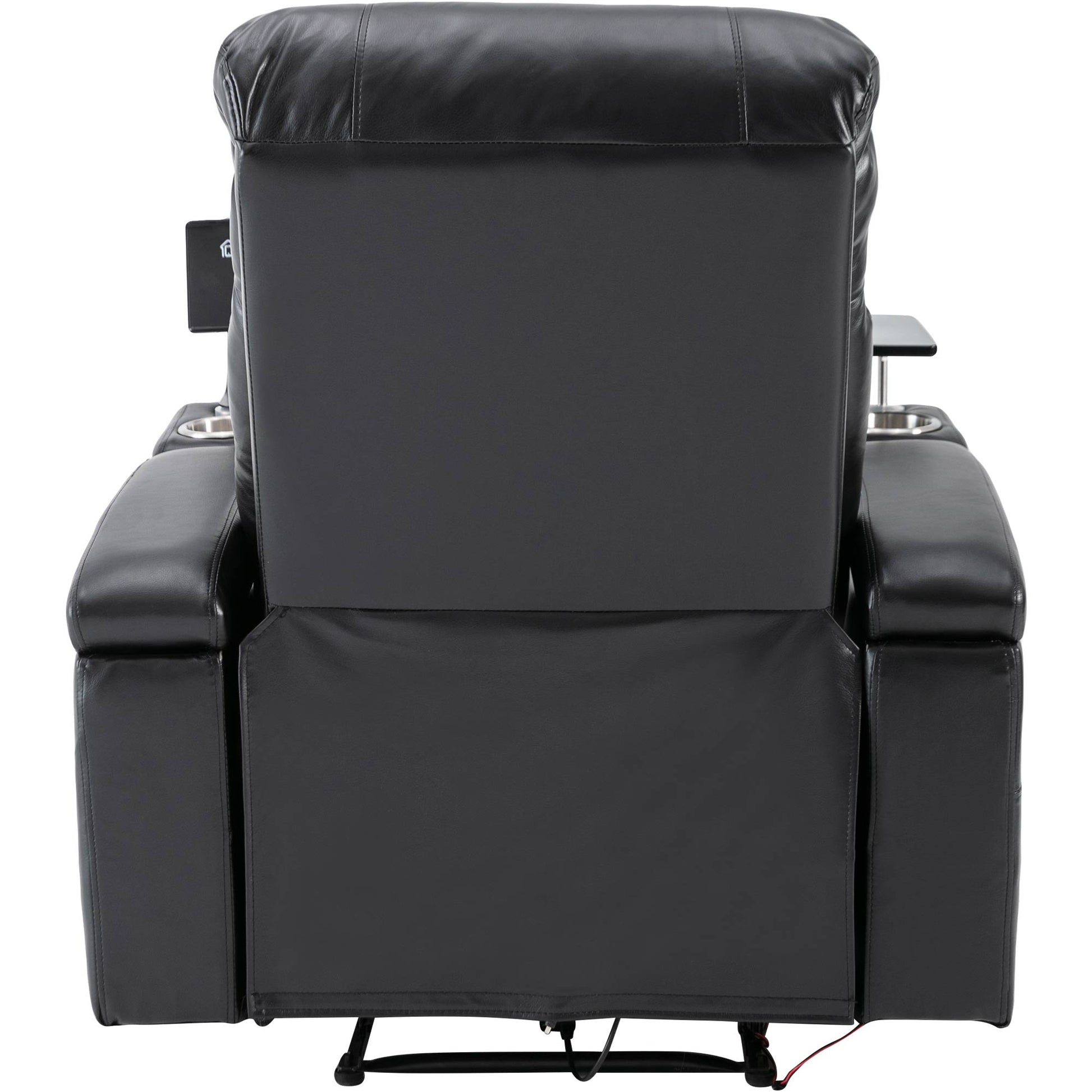 Black leather home theater recliner with cup holders and tray