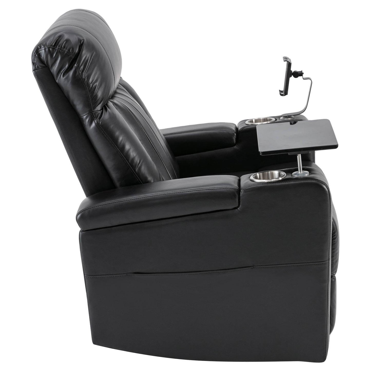 Black leather recliner chair with cup holders and tray for media room