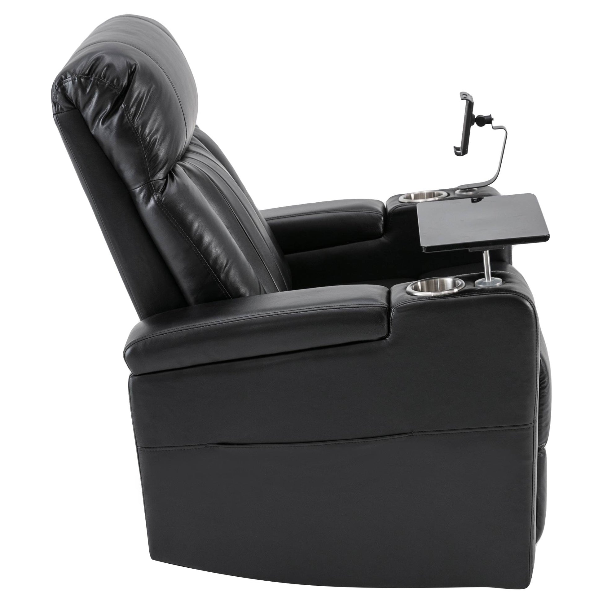 Black leather recliner chair with cup holders and tray for media room