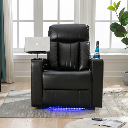Black leather recliner chair with laptop tray and integrated LED lighting for modern living rooms