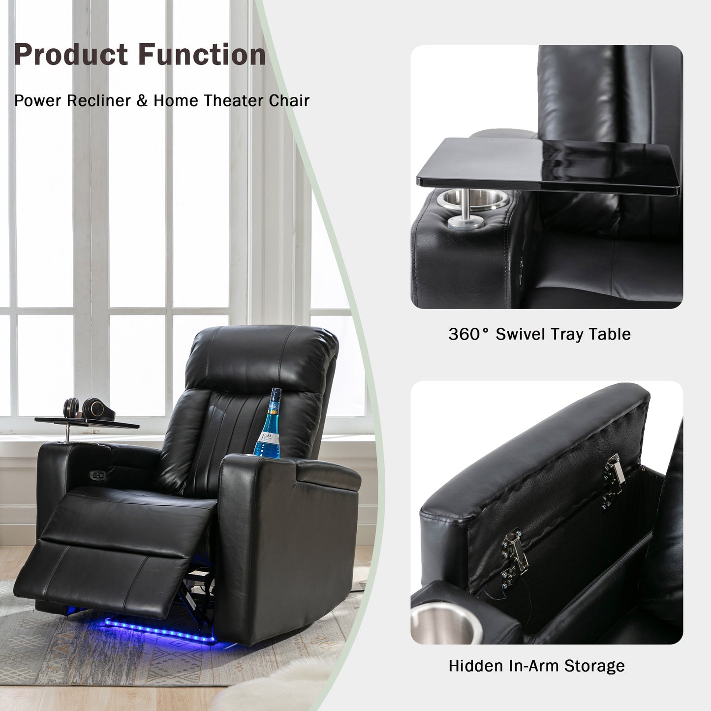 Black leather power recliner with footrest extended and ambient blue LED lighting