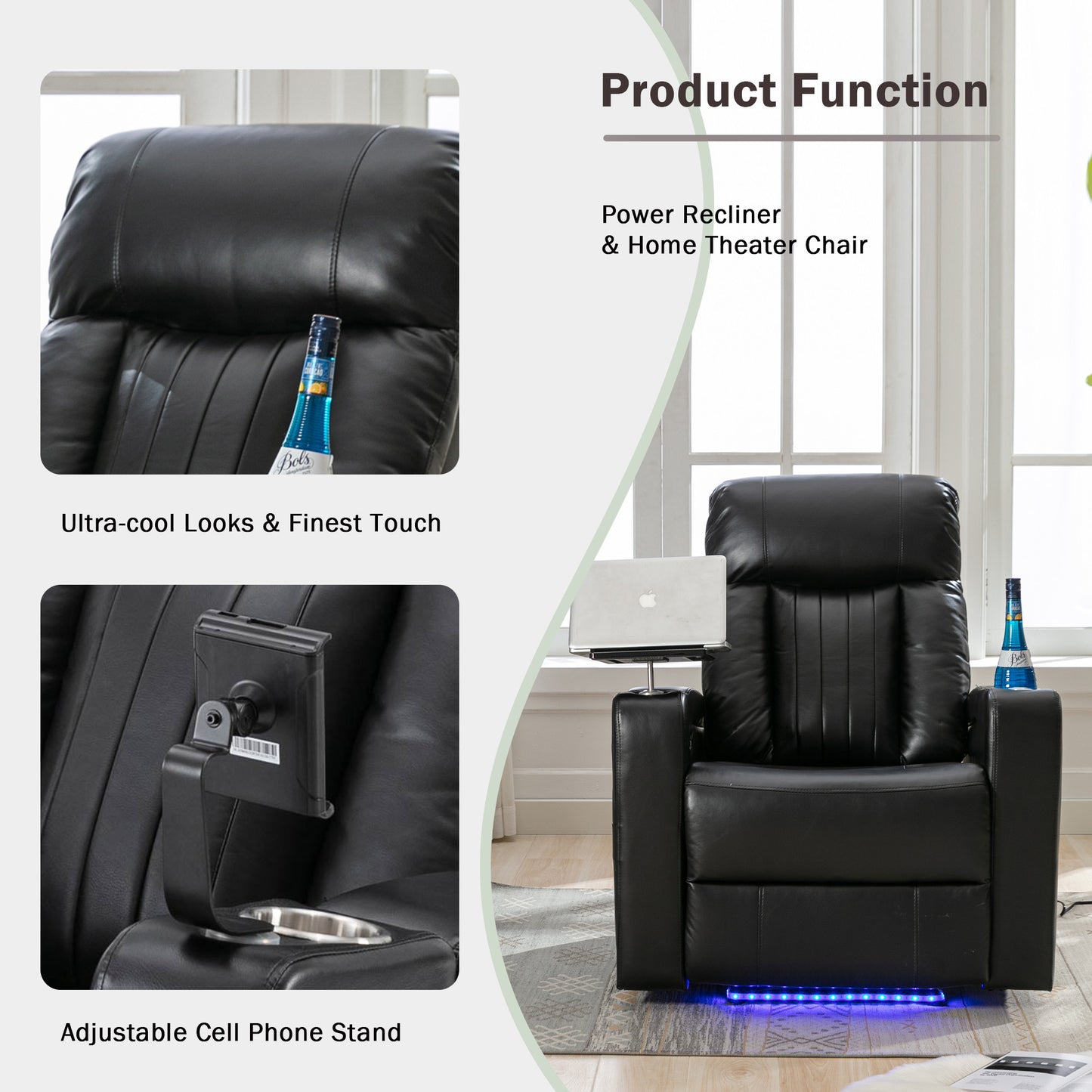 Black leather home theater chair with adjustable cell phone stand and cup holder
