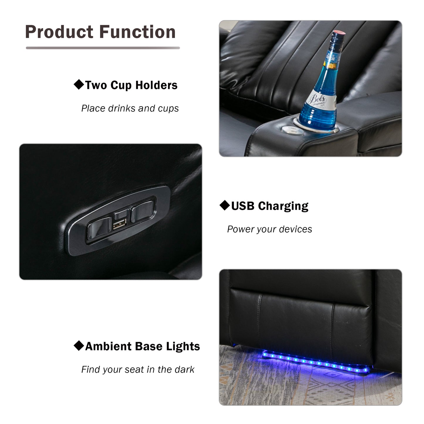 Black leather recliner with two integrated cup holders one holding a blue beverage bottle