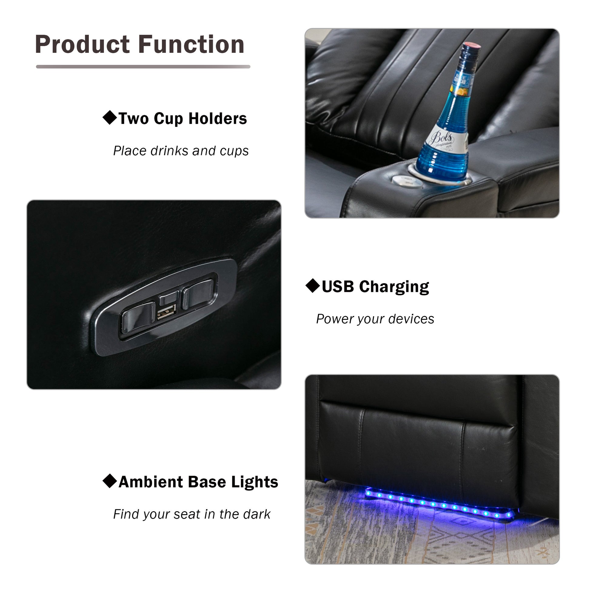 Black leather recliner with two integrated cup holders one holding a blue beverage bottle