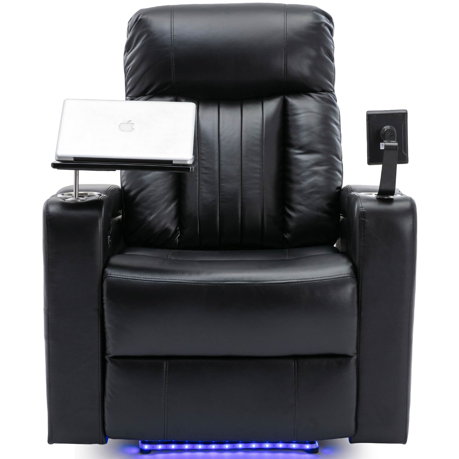 Black leather home theater recliner with tray cup holder and tablet mount