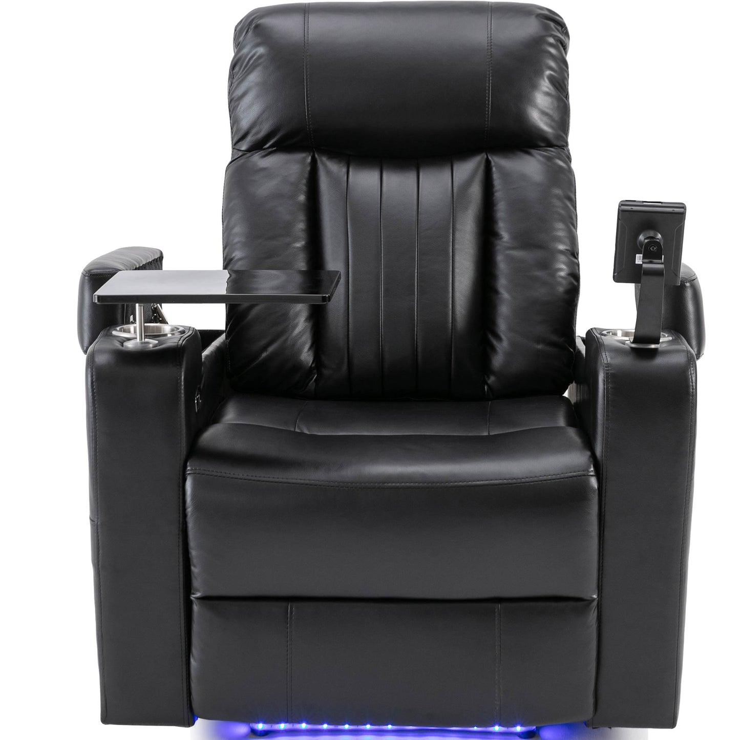 Black leather home theater recliner with builtin tray and cup holder