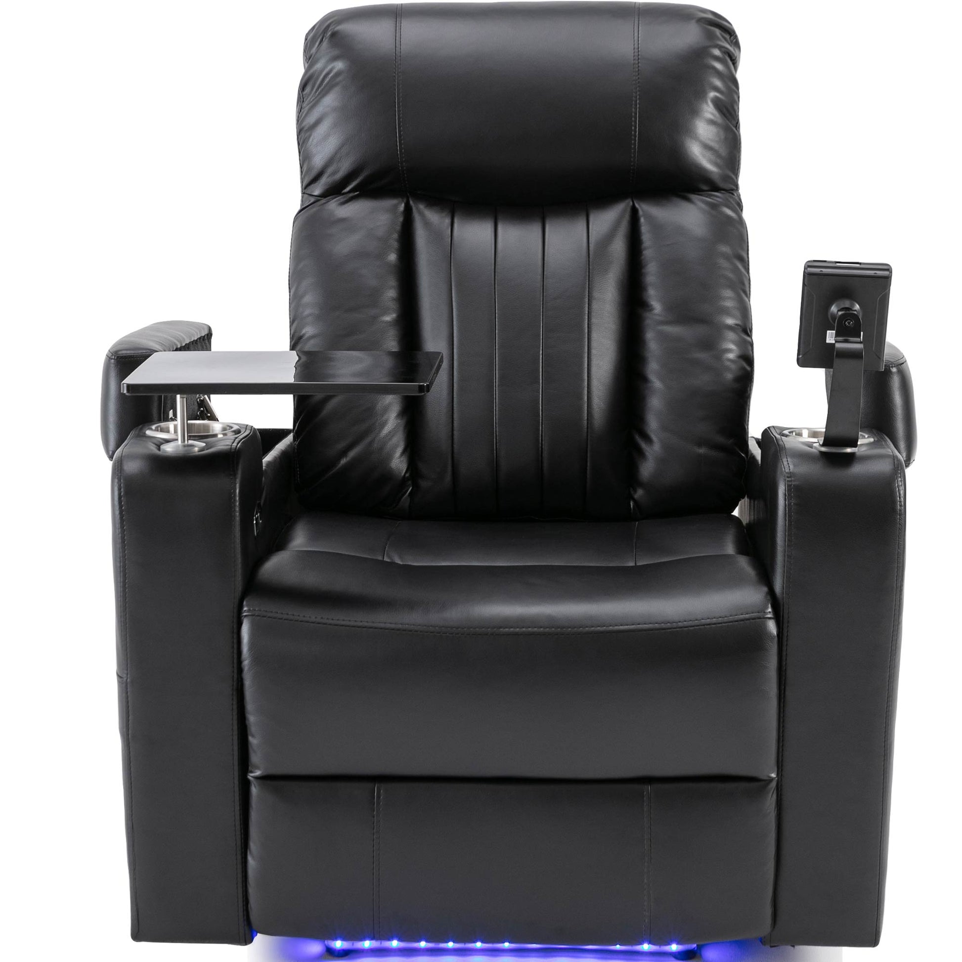 Black leather home theater recliner with builtin tray and cup holder