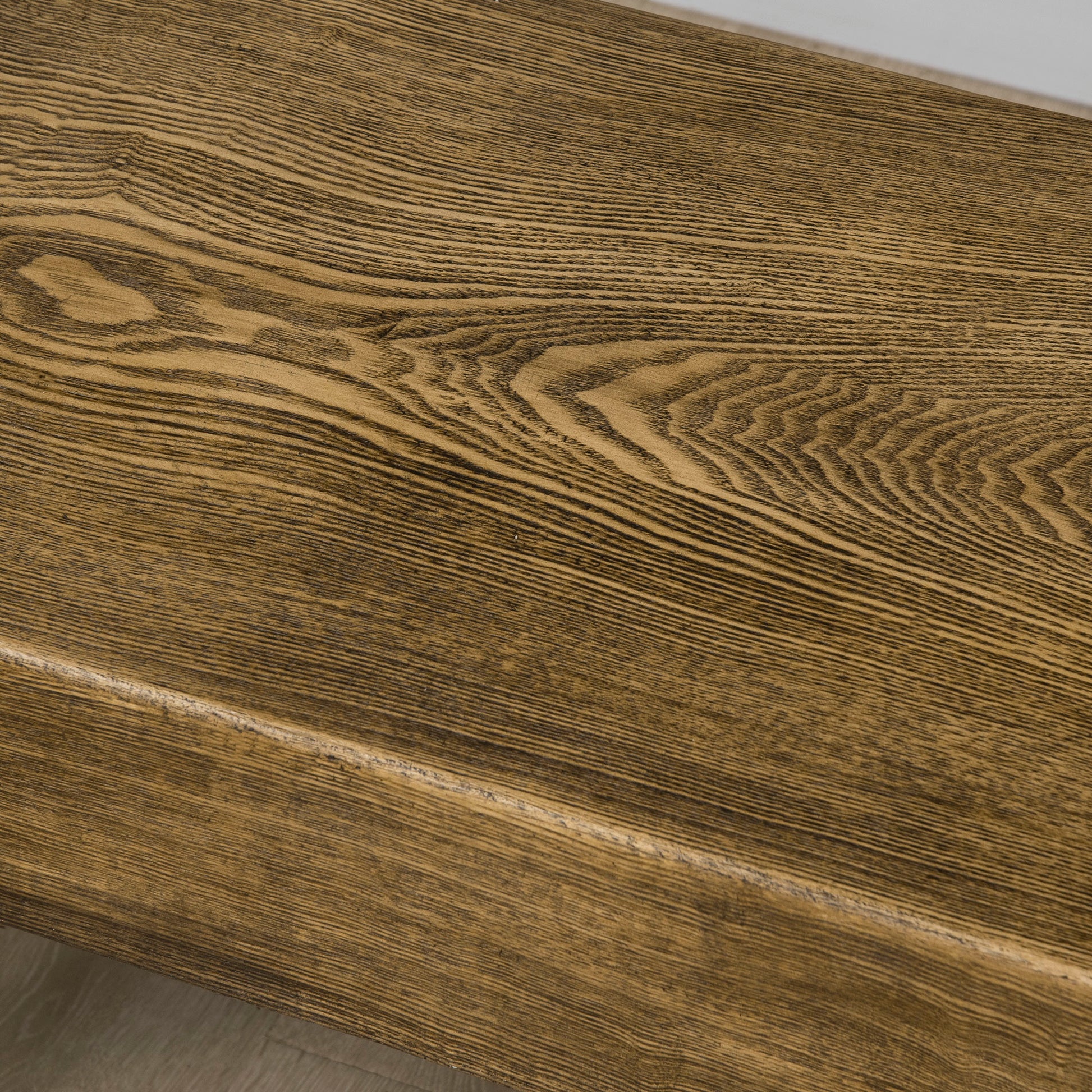 Closeup view of distressed oak wood grain texture natural brown finish